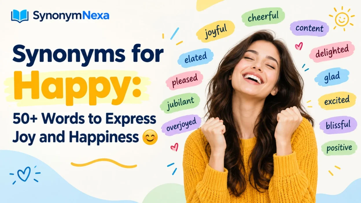 Synonyms for happy infographic featuring 50+ words to express joy and happiness.
